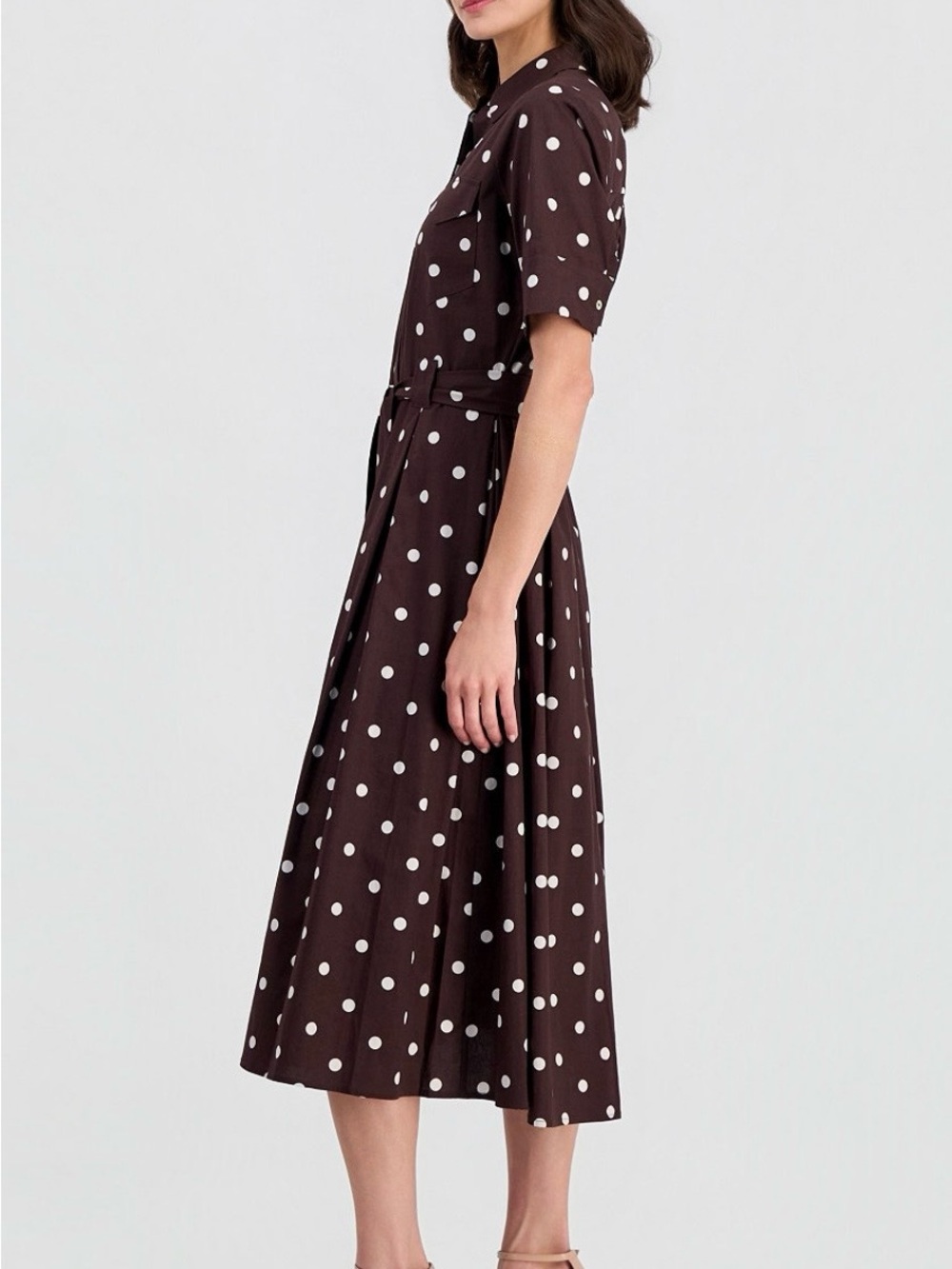 T Tahari Chocolate Brown and White Polka Dot Midi Shirt Dress NEW W TAGS - Picture 5 of 5